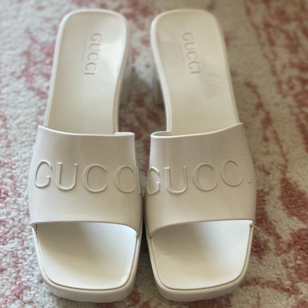 Gucci Womens Block Heel Platform Logo Rubber Slide Sandals White Size 38